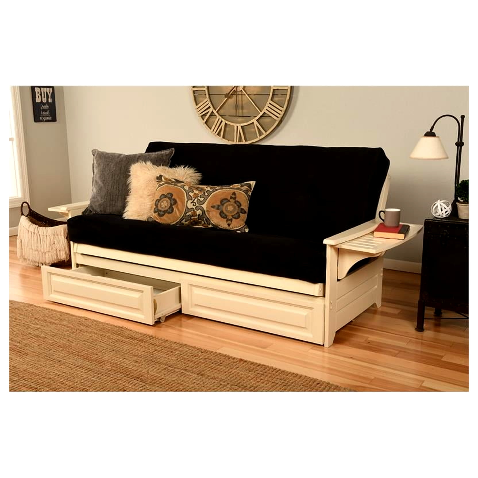 Kodiak KFPHDAWSBLKLF5MD4 Phoenix Antique White Futon Frame with Suede Black Mattress & Storage Drawers - Full Size