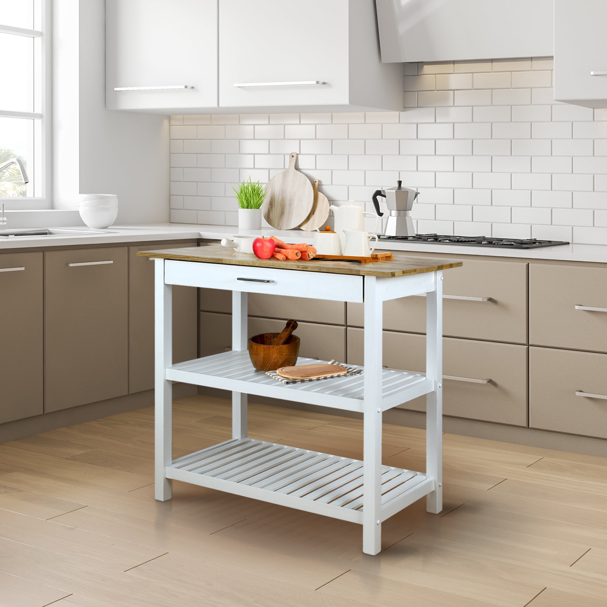 Casual Home Solid Wood 40"W Kitchen Island with Drawer, Two Shelves, and Towel Racks, American Maple Top,&nbsp;Two-Tone Finish (Natural&nbsp;White)