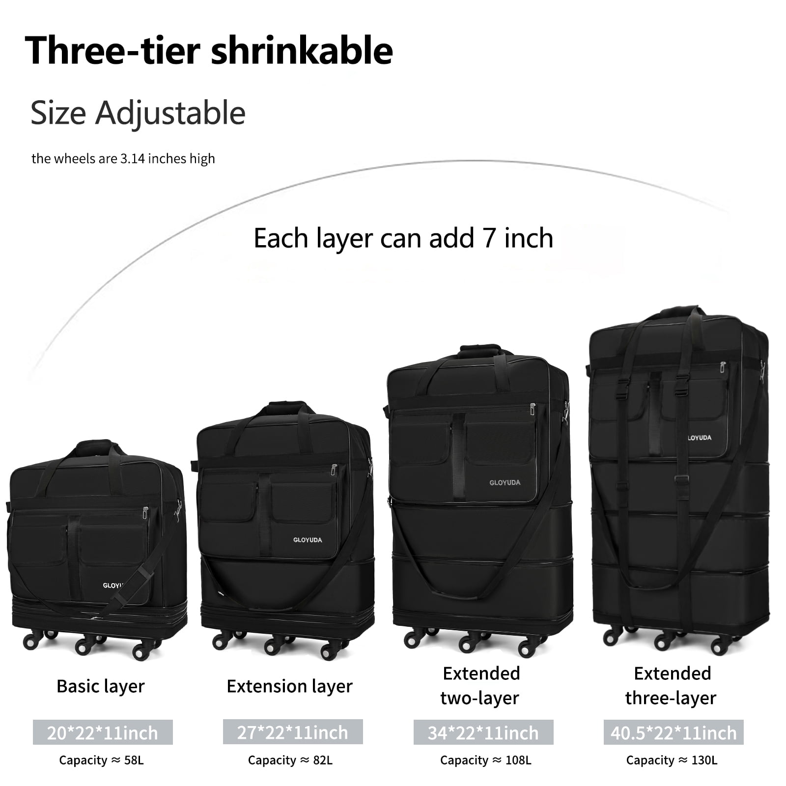 Gloyuda 130L Rolling Bag, 40 inch Duffle Bag with Wheels, Rolling Tote Bags with Wheels, Collapsible Luggage, Travel Bag with Wheels and Handle, Roller Bag with 2 Fixing Straps and 1 Shoulder Strap