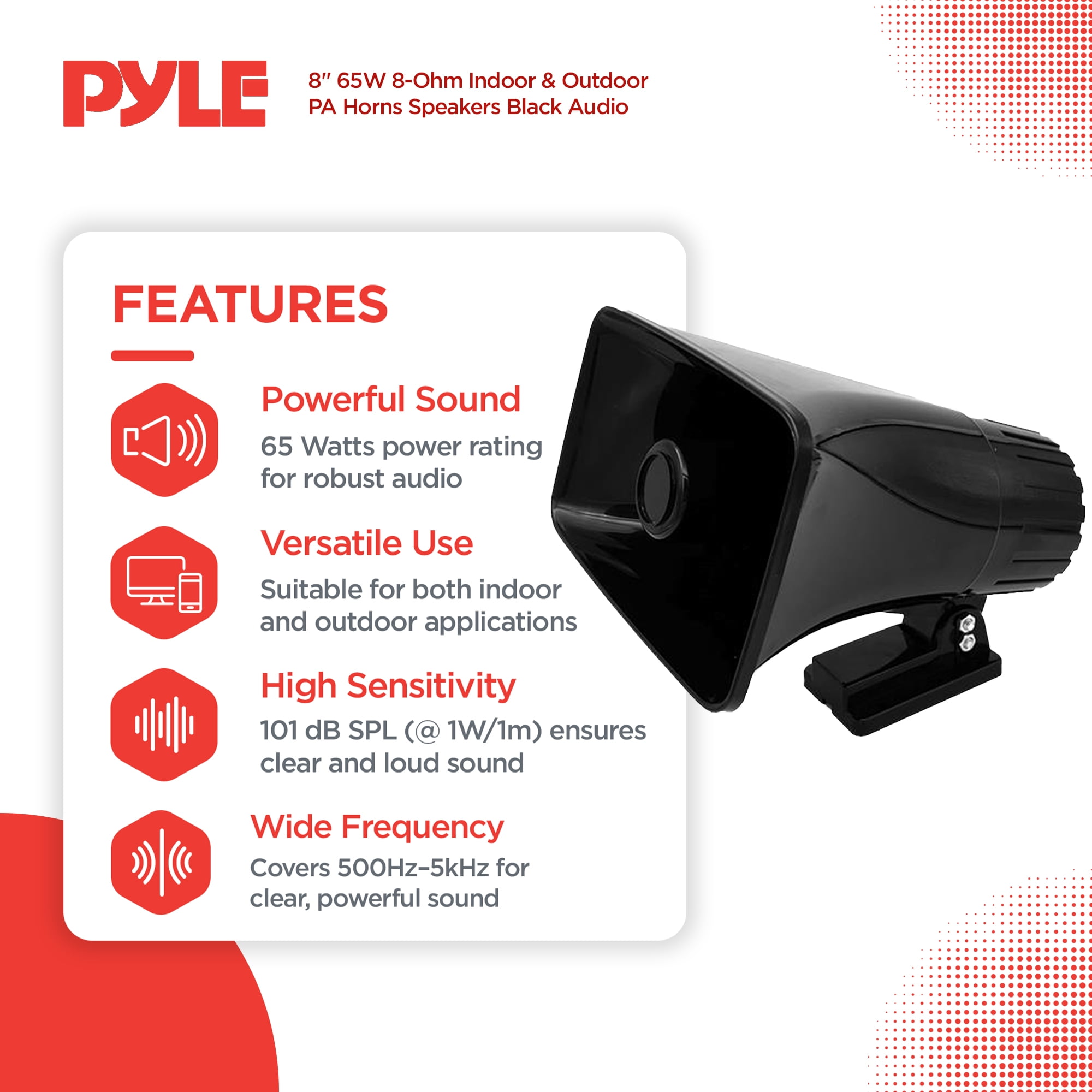 Pyle 8" Portable PA Horn Speaker, Indoor/Outdoor Use, 65W Peak Power, Black
