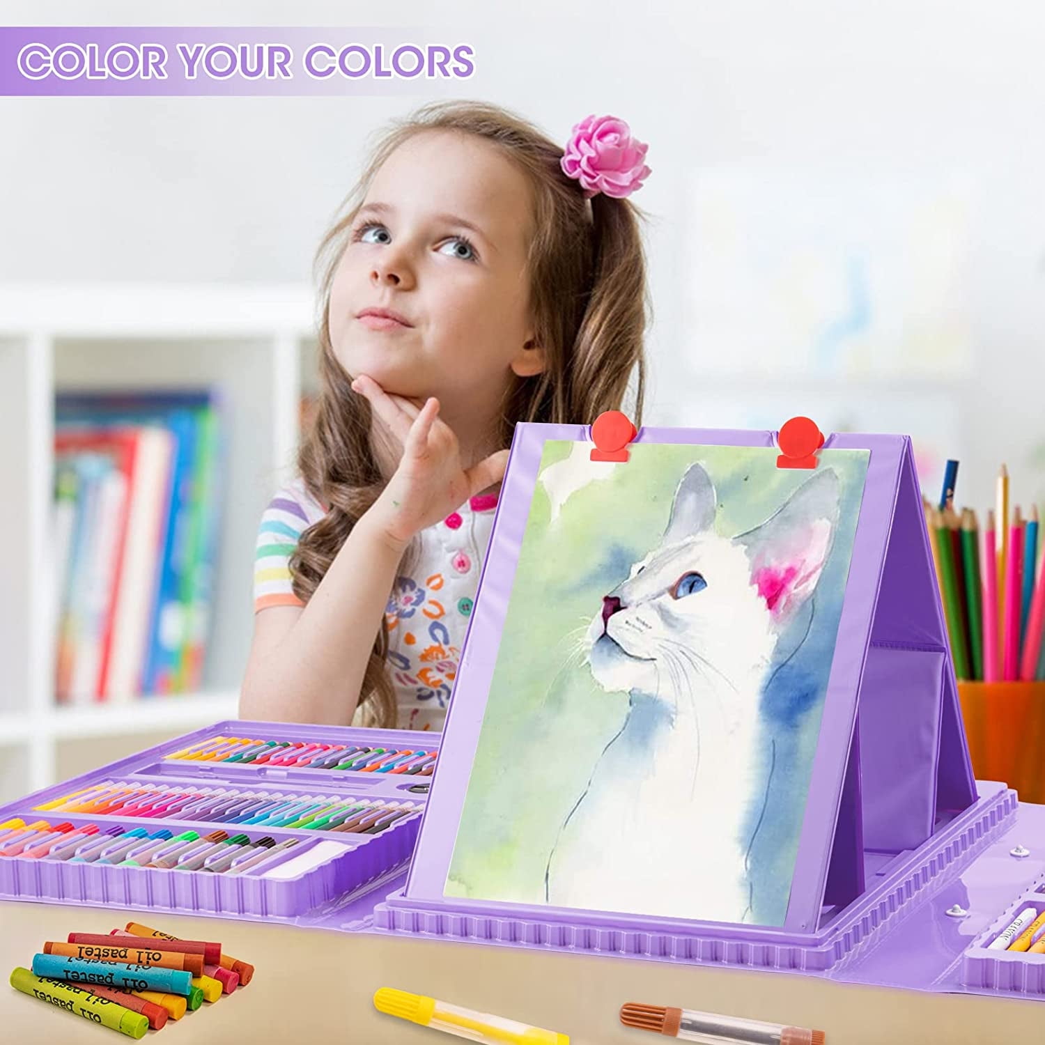 Art Supplies, 240-Piece Drawing Art Kit, Gifts Art Set Case with Double Sided Trifold Easel, Includes Sketch Pads, Oil Pastels, Crayons, Colored Pencils, Watercolor Cakes, Stickers (Purple)