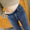 thumbnail image 5 of Dyfzdhu Fleece Lined Jeans for Women Imitation Denim High Waist Loose Thickened Warm Plush Straight Long Pants Stretch Blue, 5 of 9