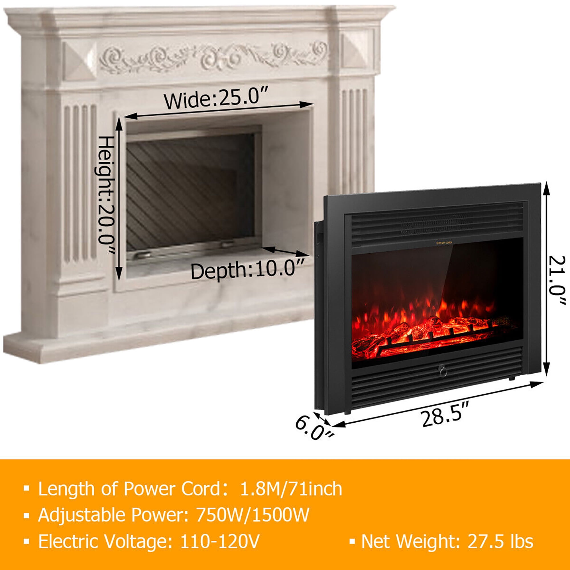 28.5” Fireplace Electric Embedded Insert Heater Glass Log Flame Remote ...