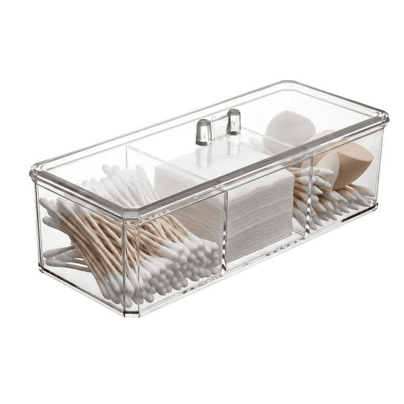 ROSEXIXI Cotton Swab Storage Box, 3-Compartment Independent Storage Box Transparent Acrylic Case With Lid Dustproof Makeup Pad Holder For Vanity Countertop Bathroom Desk Organizer Accessories