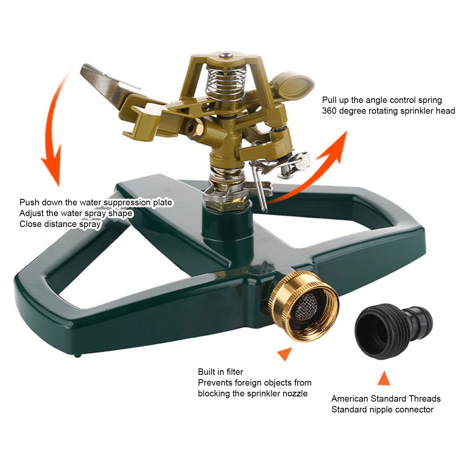 Xirurus Rotating Sprinkler for Yard Lawn 360 Degree Rotation Adjustable Large Area Coverage Automatic Garden Irrigation System with Heavy Duty Zinc Alloy Metal Base, Yellow (9.1 in / 23 cm)