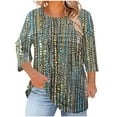 thumbnail image 2 of Sexlip Boho Tops for Women Striped Printed Crewneck T Shirt Fall Casual 3/4 Sleeve Fashion Loose Plus Size Pleated Blouse Blue XXL, 2 of 5