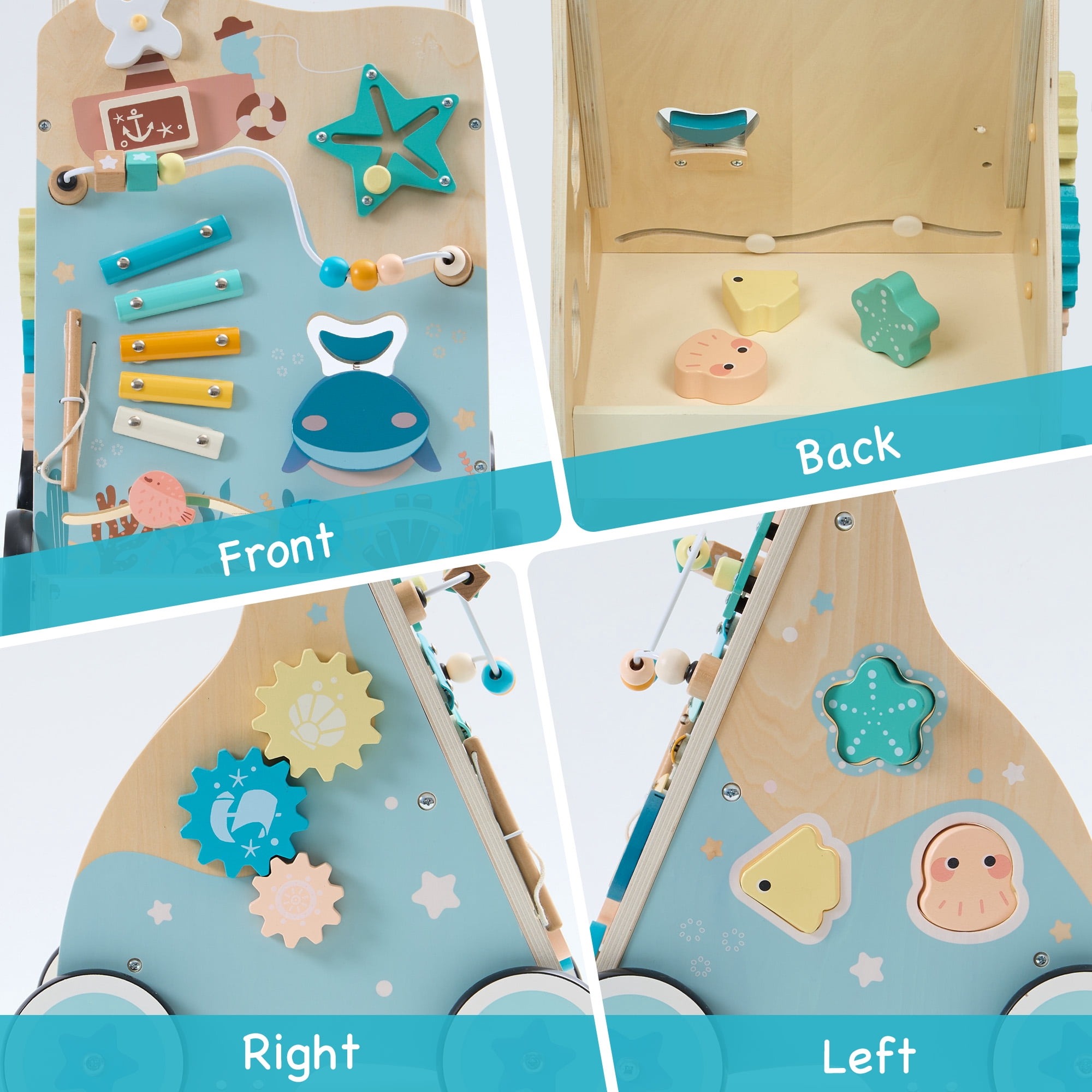 Robud Wooden Baby Push Walker, Ocean-Themed Wooden Baby Walker with Wheels, Sit-to-Stand Activity Center, Push Toy for Toddlers, for Boys and Girls