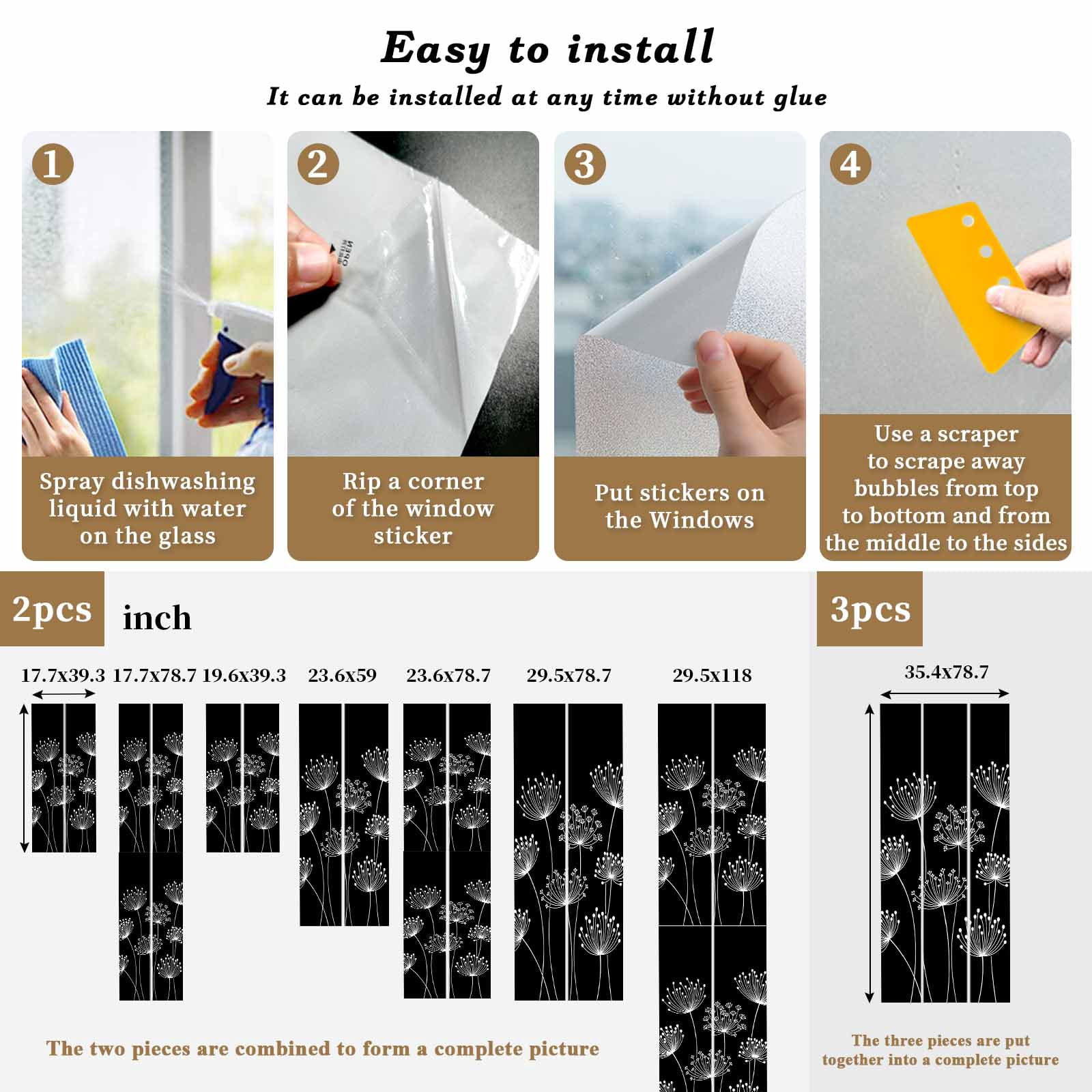 Spring Dandelion Window Privacy Film, Modern Country Flower Black White Static Cling UV Sun Blocking Tint Film Heat Control Windows Films for Bedroom Bathroom, Window Stickers 17.7"x39.3"