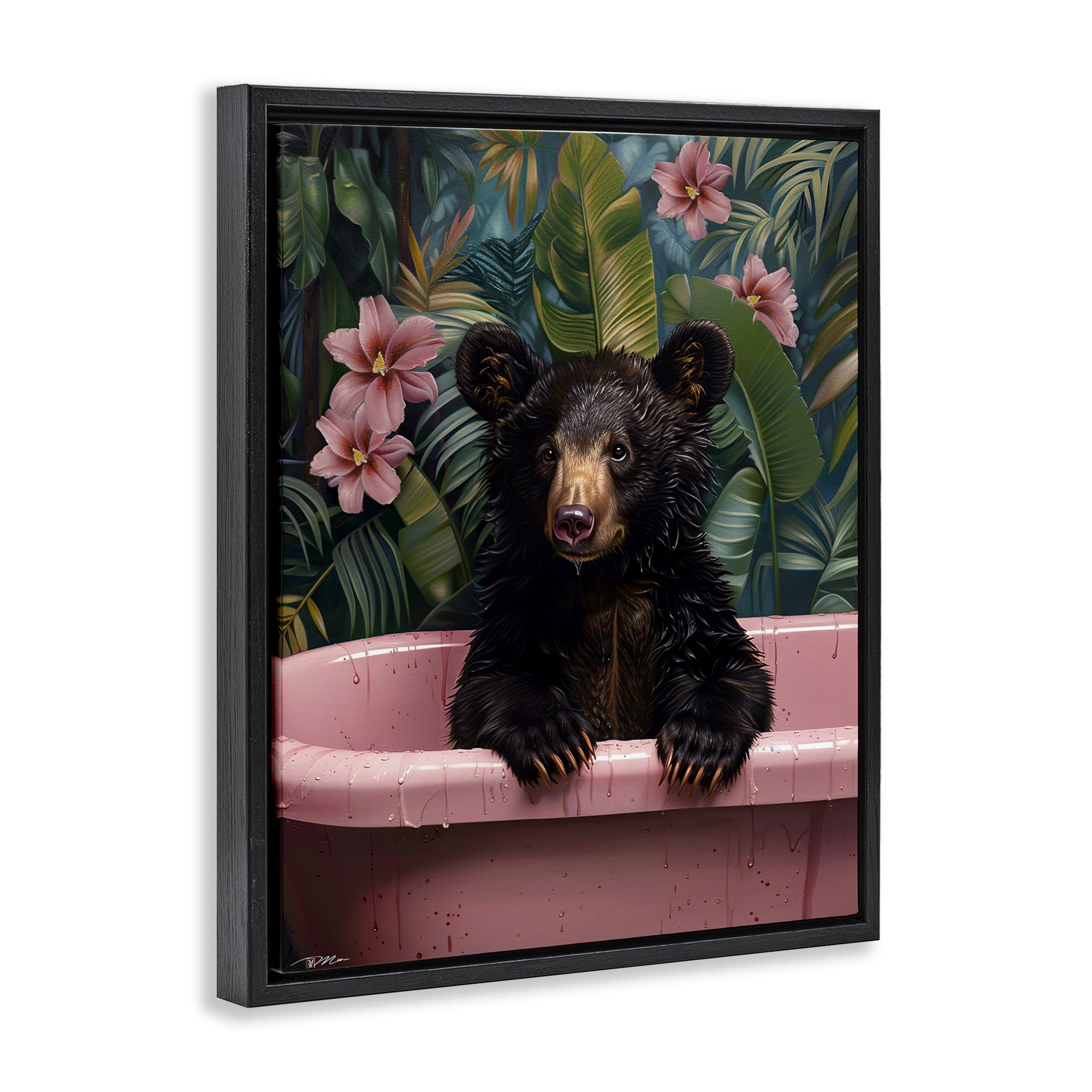 Bruno Bear in Pink Tub Black Framed Floater Canvas Wall Art, design by Momart