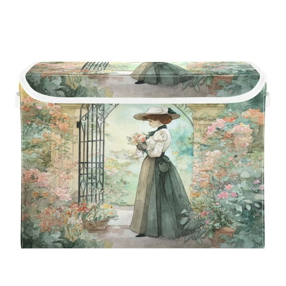 Large Collapsible Storage Box Flip Lid Fabric Decorative Organizer Container Basket with Handles 16.5×12.6×11.8in A Victorian Lady
