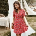 thumbnail image 4 of Summer Dresses for Women Maxi Dress V-Neck Temperament Floral Dress Short Skirt Short Sleeve, 4 of 6