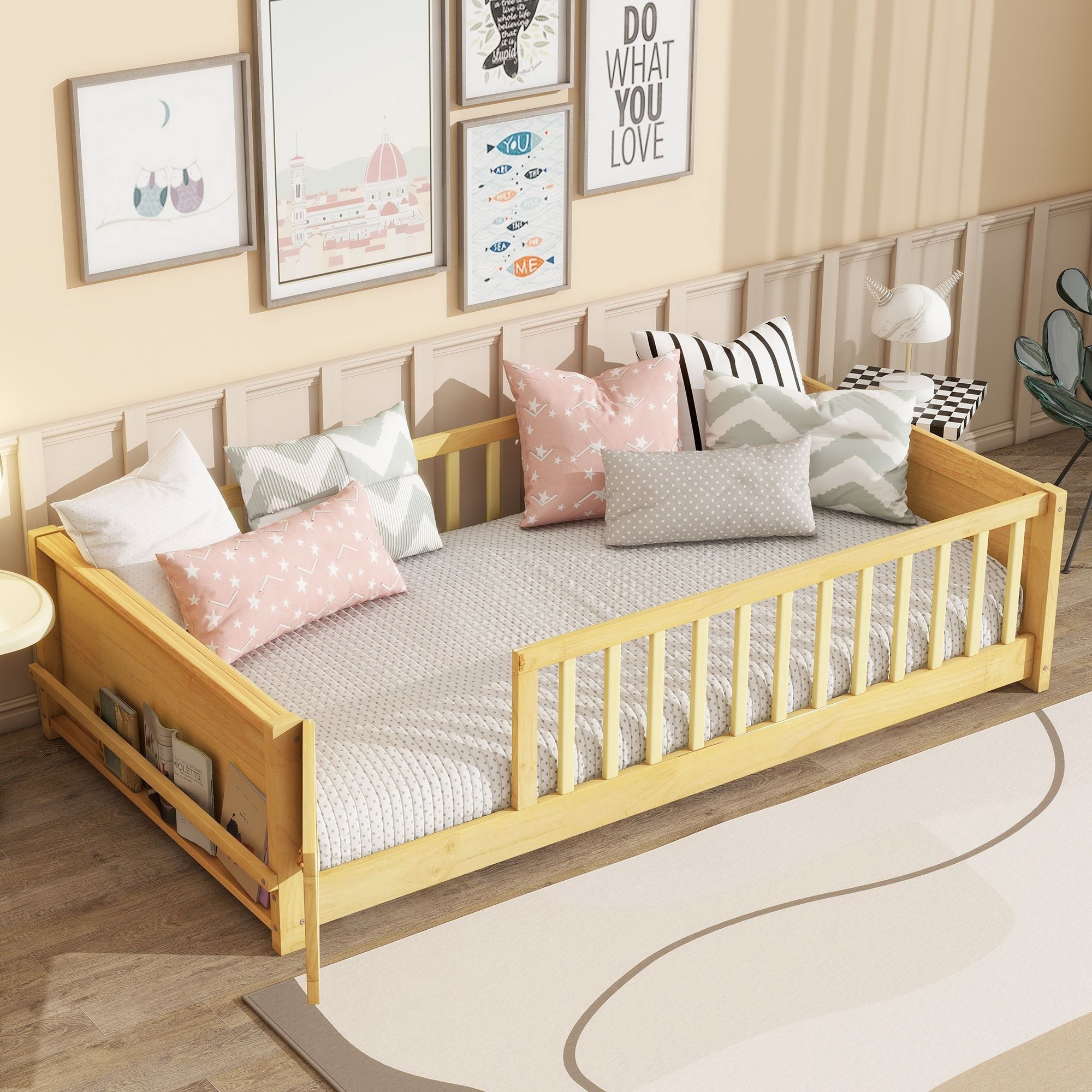 Alvantor Montessori Floor Bed Twin Size with Door for Kids, Toddler Wooden Platform Bed Natural