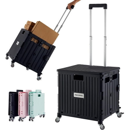 Folding Utility Cart Portable Rolling Crate Handcart Shopping Trolley Collapsible Tool Box, with Lid, Basket on 4 Rotate Wheels, for Grocery, Office, Luggage, Teacher (Black)