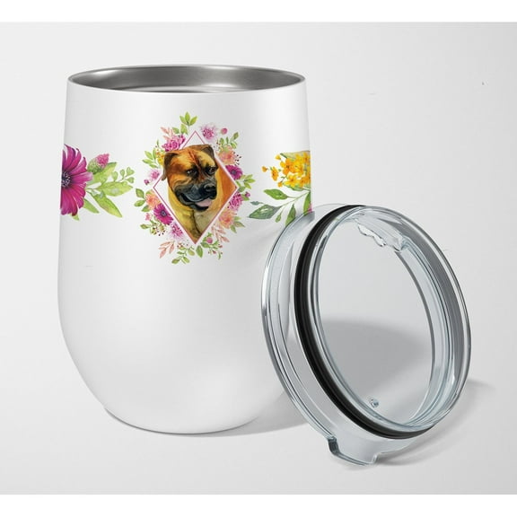Carolines Treasures CK4121TBL12 Borboel Mastiff Pink Flowers Stainless Steel 12 oz Stemless Wine Glass 12 oz multicolor