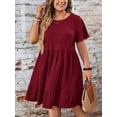 thumbnail image 5 of Burgundy Plus Size Round Neck Ruffle Sleeve Drop Waist Casual Summer Dress, 5 of 6