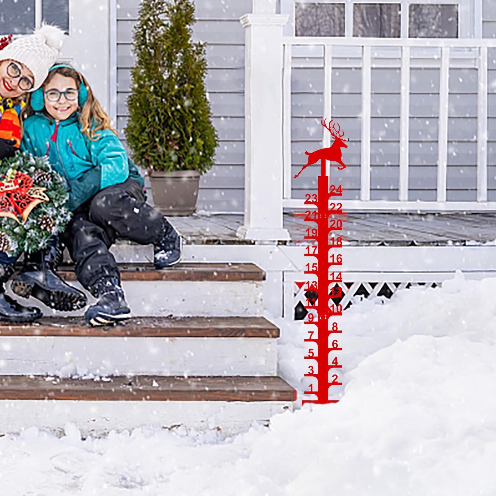 Forged Iron Deer Snowflake Ruler, Christmas Holiday Outdoor Rain and Snow Gauge, 24 Inch Decorative Metal Measuring Stake for Winter Yard and Garden