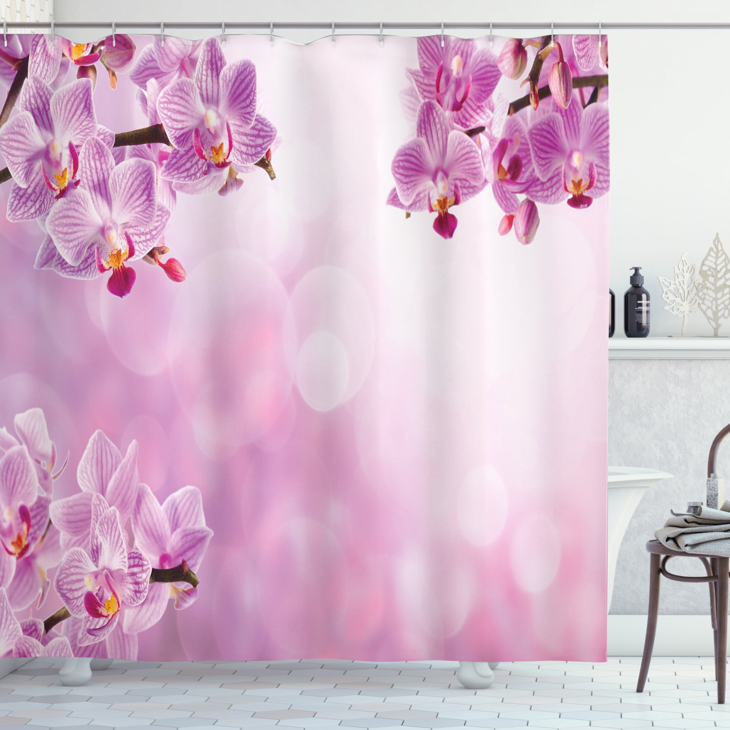 Orchids Flowers Balinese Sea View Scenery Purple Shower Curtain Long 84 Inch 