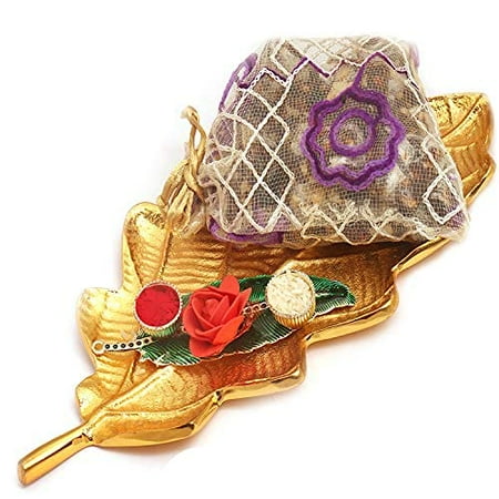 

Ghasitaram Gifts - Golden Leaf Platter With Green Leaf Roli Chawal Container And Sugarfree Bites Pouch|Gift For Diwali Holi Valentine Birthday Anniversary Gift For Her Him Mothers