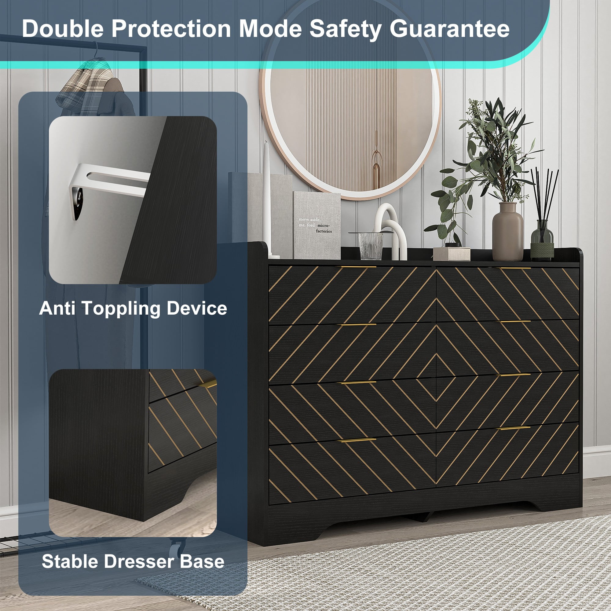 Finihen Modern 8 Drawer Dresser, Wood Chest of Drawers Storage Organizer with Metal Gold Handles for Bedroom, Living Room, Hallway, Entryway, Black Finihen Modern 8 Drawer Dresser, Wood Chest of Drawers Storage Organizer with Metal Gold Handles for Bedroom, Living Room, Hallway, Entryway, Black