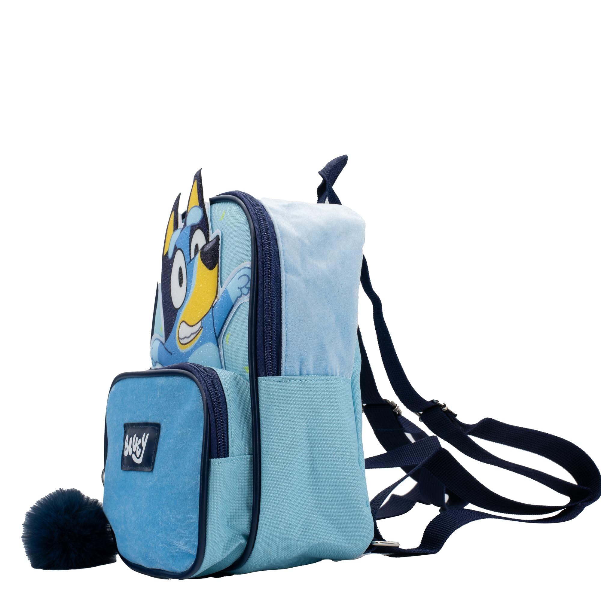 Bluey 9” Micro Mini Backpack Purse Featuring a 3D Bluey Glitter Patch with Pom Pom Dangle, Blue