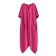 thumbnail image 5 of Women Kaftan Dresses Baggy Cotton Linen Maxi Dress V Neck 3/4 Sleeve Asymmetrical Hem Casual Long Dress with Pocket, 5 of 7