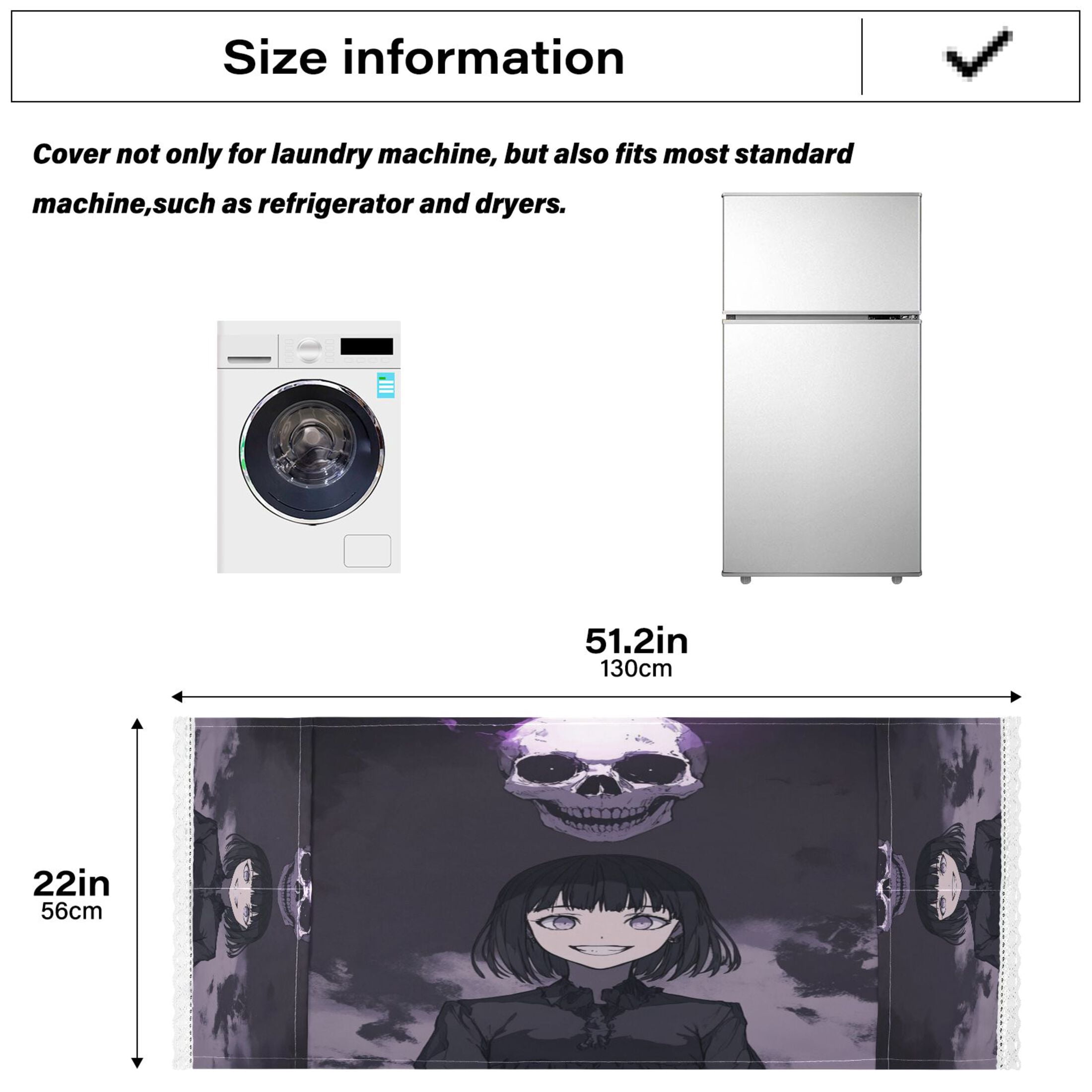 Death GirlWasher and Dryer Covers Dust-Proof and Oil Resistant Fridge Cover with 4 Storage Pockets Washing Machine Top Cover for Laundry Kitchen Home 51.2 x 22 In