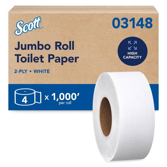 Scott Professional High-Capacity Jumbo Roll Toilet Paper, Bulk (03148), 2-Ply, Septic Safe, White, Non-Perforated, Compact for Easy Storage (4 Rolls at 1,000' Each, 4,000'/Case)