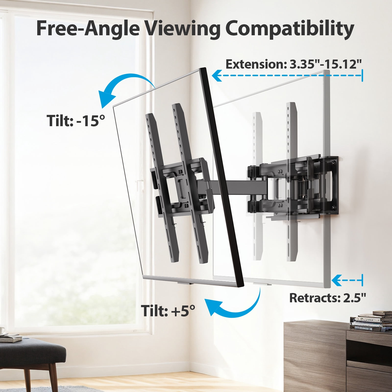 MountFTV Full Motion TV Wall Mount for 26-65 inch TVs Holds up to 110 lbs Swivels Tilts Extension Leveling, Max 400 x 400mm, Fits 8"/12/16" Wood Stud