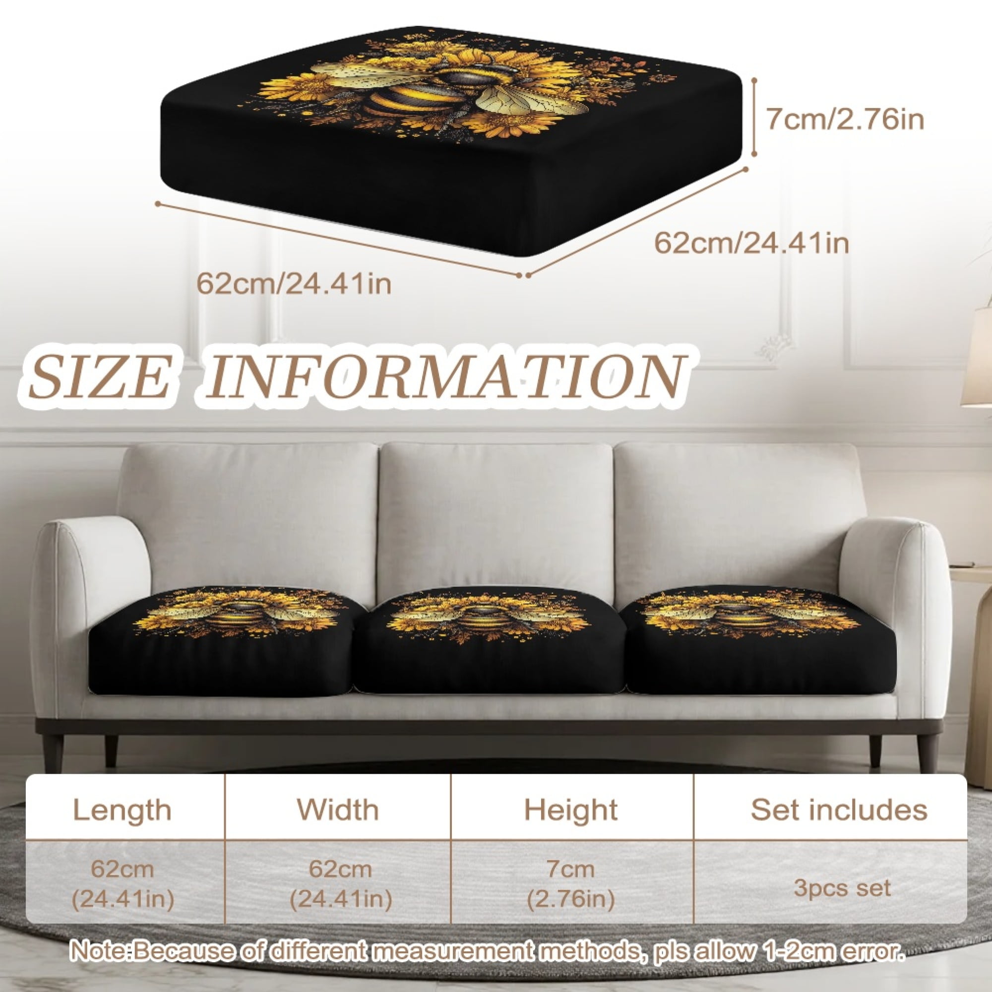 TSOVTHRID Bee Sunflower Black Print Couch Cushion Covers Washable Sofa Seat Furniture Protector Non Slip Couch Cover Decorative Cushion Slipcover Set with Elastic Bottom, 24x24 Inch