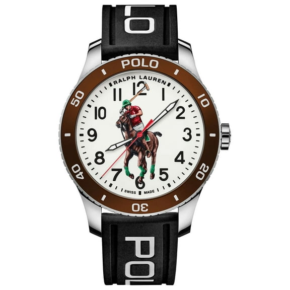 Ralph Lauren Polo Watch Pony Player Automatic Stainless Steel White Dial Black Rubber Strap Mens Watch 472853461003