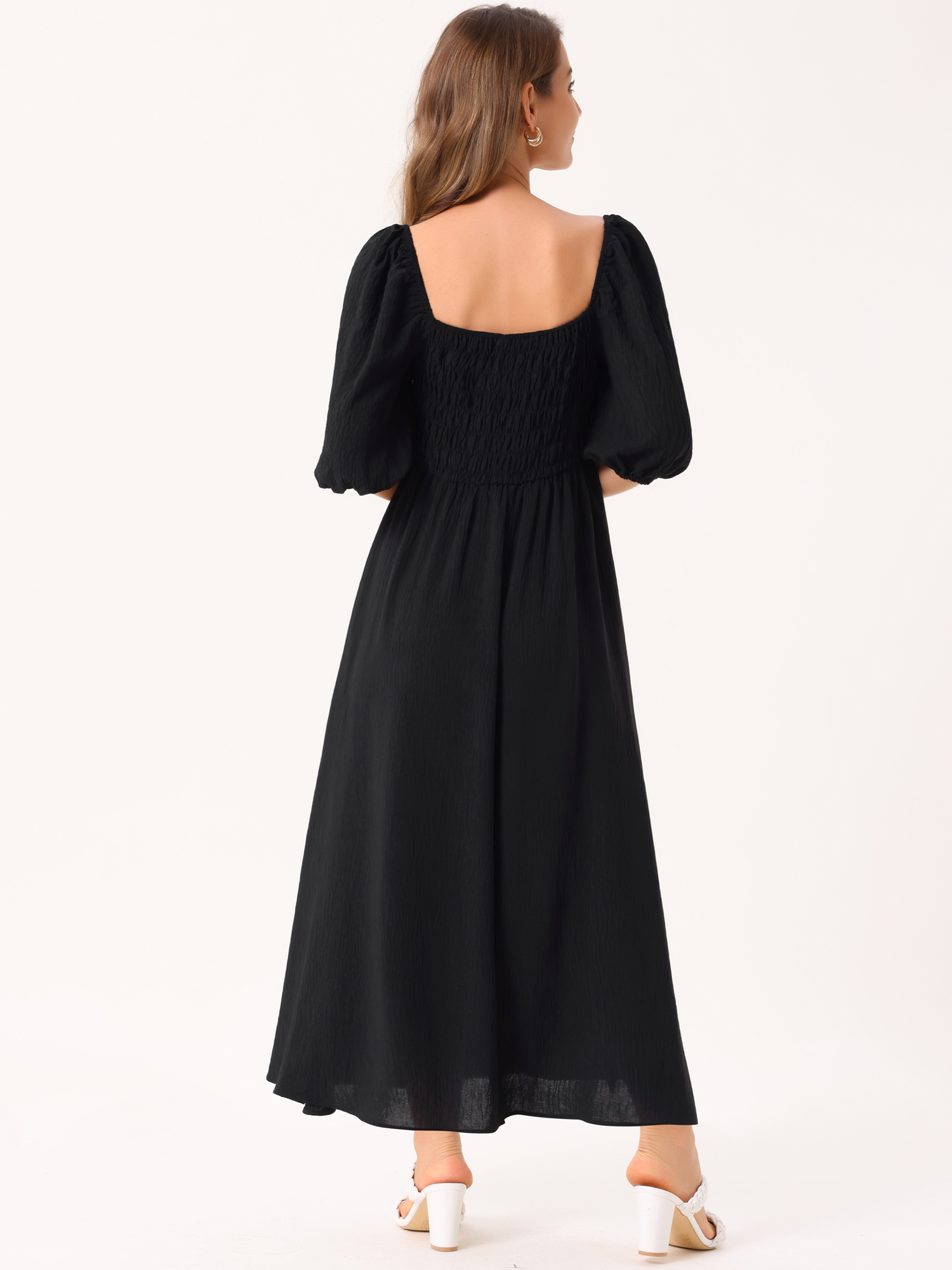 DARING DIVA Puff Half Sleeve Square Neck Smocked Flowy Maxi Dress XL Black