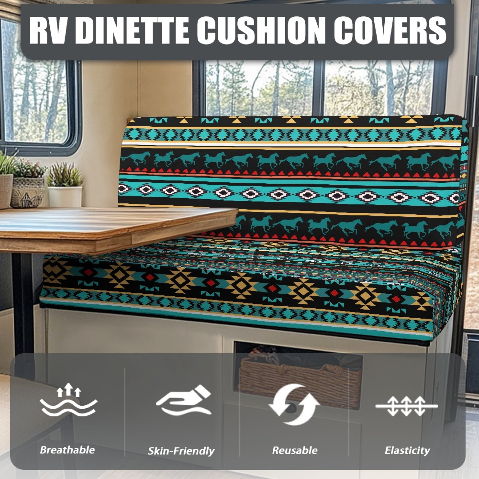 Kuiaobaty RV Dinette Cushions Covers with Elastic Band American Tribal Geometric Pattern Dinette Booth Set Camper Cushion Covers Home & Kitchen Accessories Universal Fit RV
