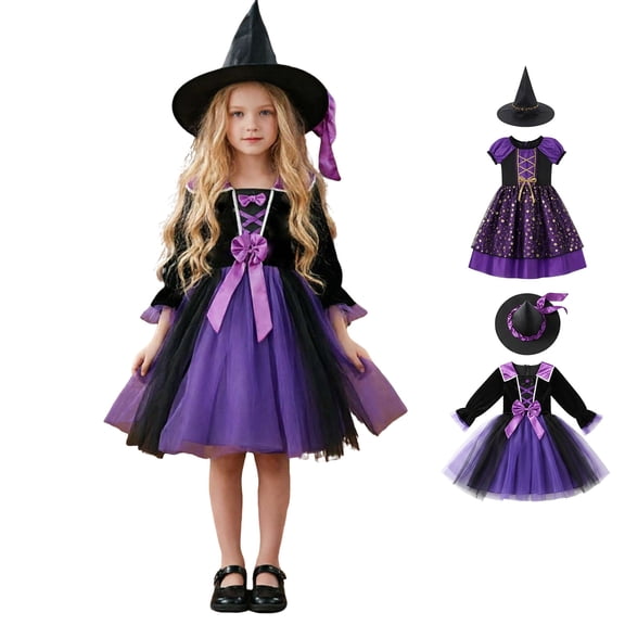 Girls Witch Dresses Hats Two Piece Witch Set Halloween Girls Outfit Dress up Party Girls Size 4-15 Years