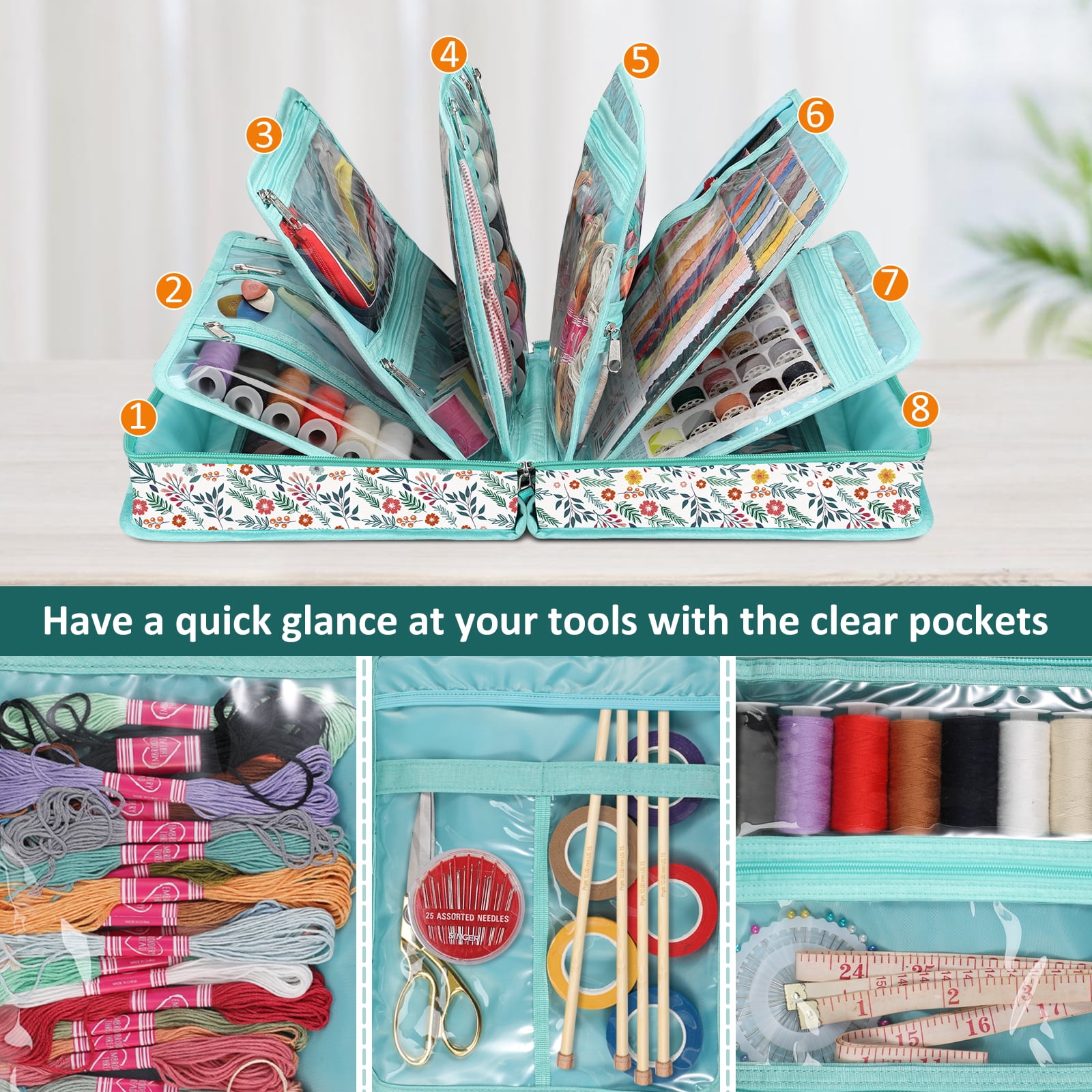 FINPAC Sewing and Craft Supplies Storage Tote, Large Capacity Travel Packing Organizer Bag with Clear Pockets and Handle for Knitting, Crochet, Art, Sewing Accessories, Spring Bloom
