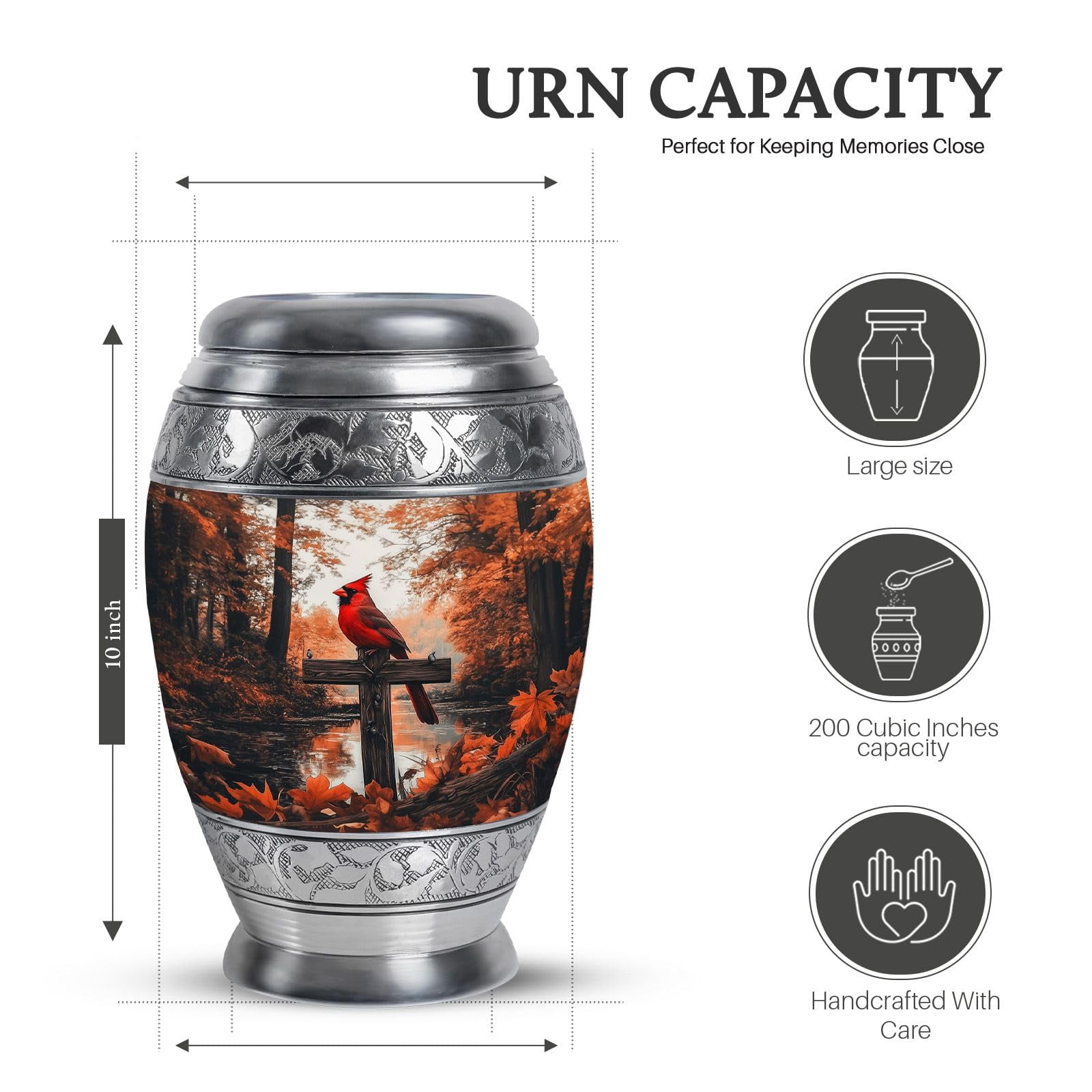 KARYLIZ Cardinal Large Decorative Urn for Women & Men Adults - Ashes Holder for Adults - Cross Funeral Cremation Urns - Memorial Urns for Human Ashes Female - Burial Ash Urn for Dad Mom 10 Inch