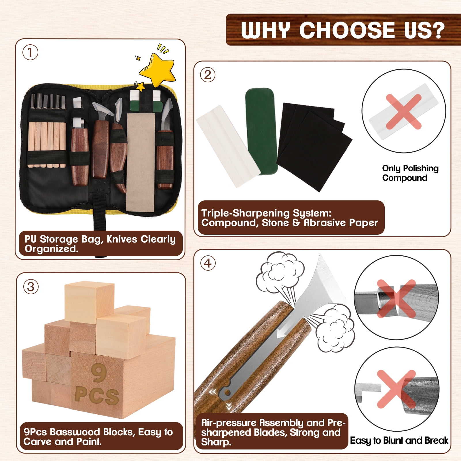 West Bay Wood Carve Kit, 27 Pcs Wood Carving Tools Set, Complete Woodwork Whittling Kit Chisels Set with Carving Knives, Father' Day Gifts for Men Dad Husband
