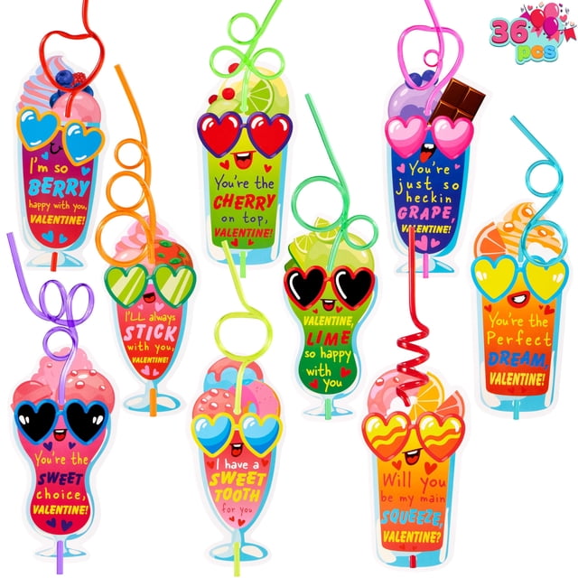 Paquete de 36 tarjetas de regalo para el día de San Valentín con pajitas reutilizables JOYIN
