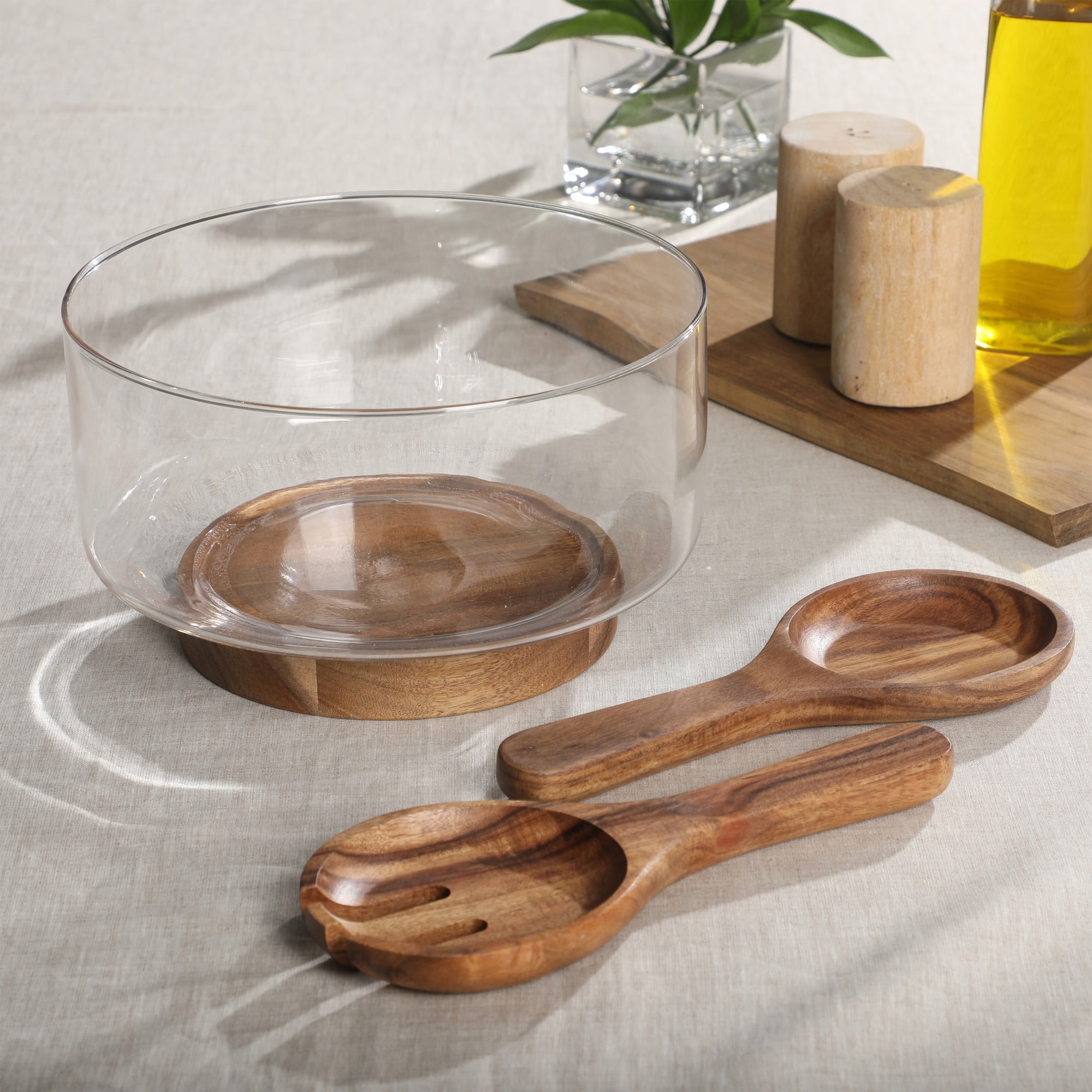 Gibson Elite Wildgreens Large Glass Salad Bowl Set with Acacia Wood Base and Acacia Serving Utensils