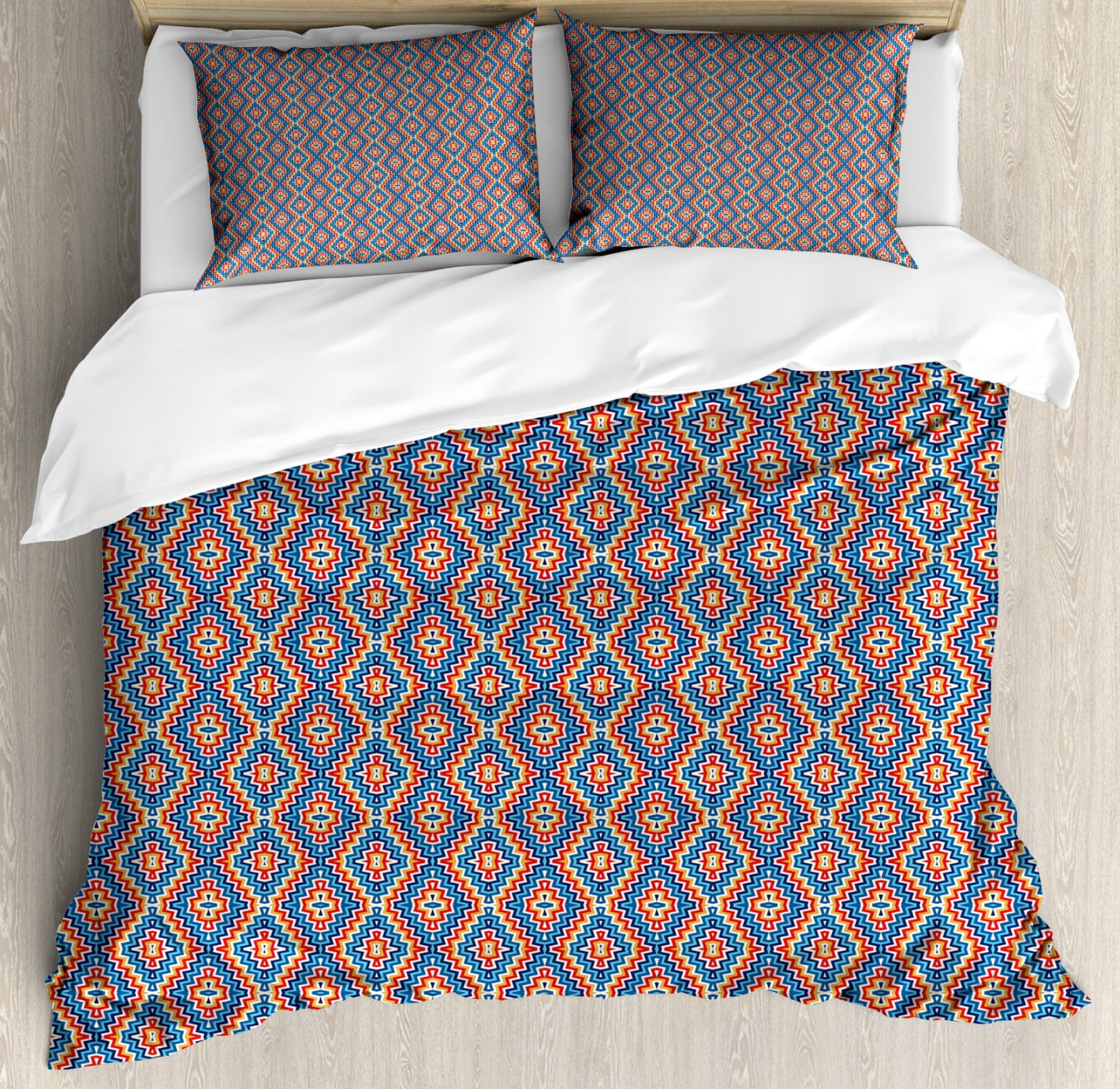 Ethnic Duvet Cover Set King Size, Vivid Colored Ornament with Zig Zag