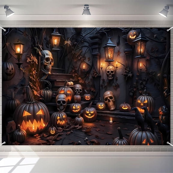 7x5ft Halloween Backdrop Horror Dim Light Scene Skeleton Pumpkin and Haunted Castle for Scary Party Decorations