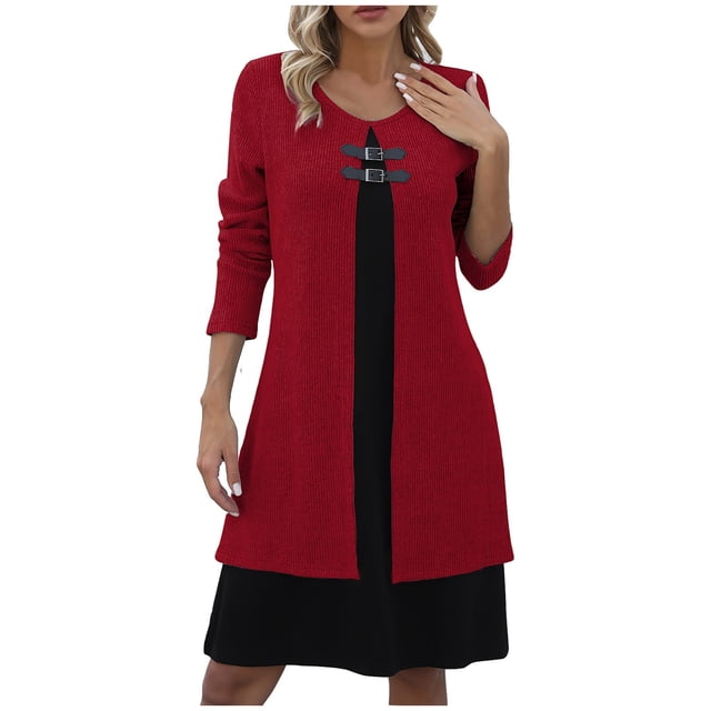 Yuyuzo Chandails pour Femmes 2 en 1 Robe à Manches Longues Col Rond Chandail Tunique à Blocs de Couleur