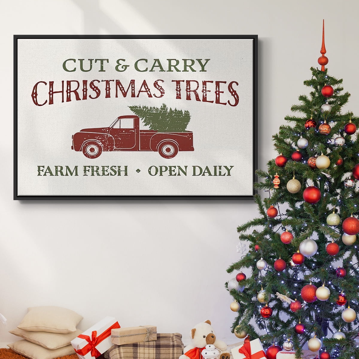 Christmas Farm Sign II - Framed Gallery Wrapped Holiday Canvas - 17 x 25 - Black Frame