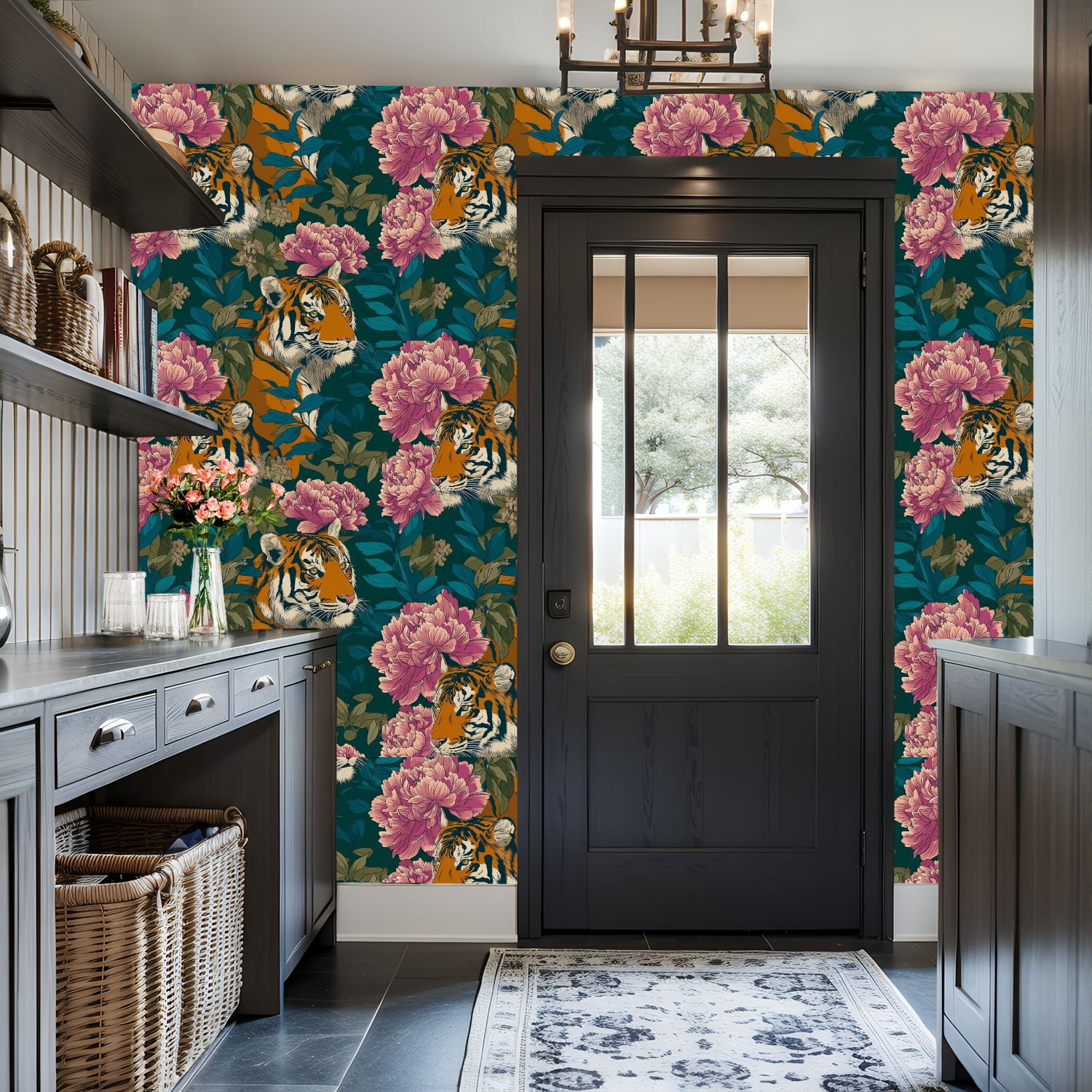 Peel and Stick Wallpaper 17.7in x 9.8ft Tiger Peony Floral Jungle Dark Teal Contact Paper Vinyl Self-Adhesive Removable Wall Paper for Bedroom DIY Home Decor Renter Friendly