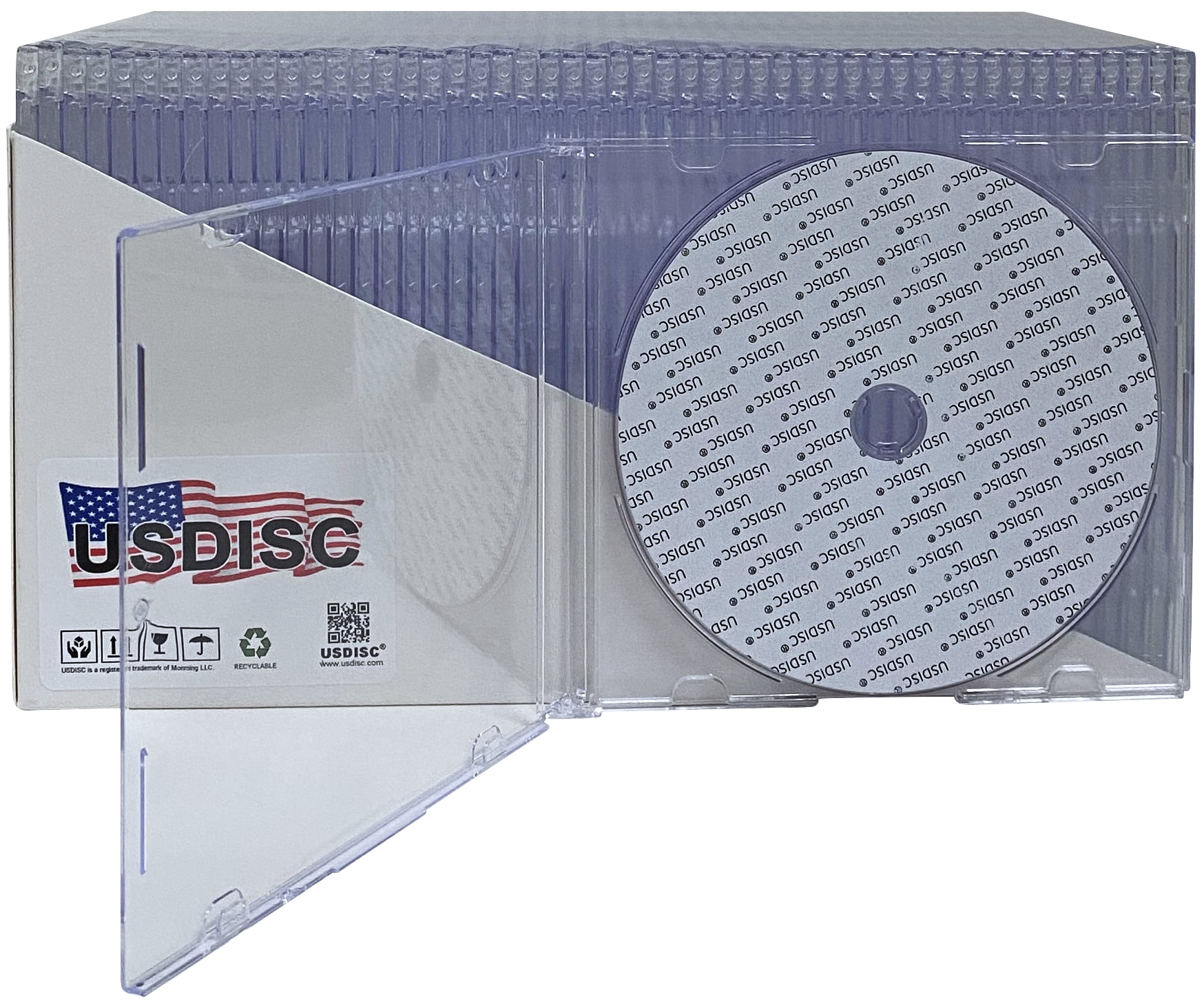 USDISC CD Jewel Cases Slimline 5.2mm, Single 1 Disc, Clear, Pack Of 100