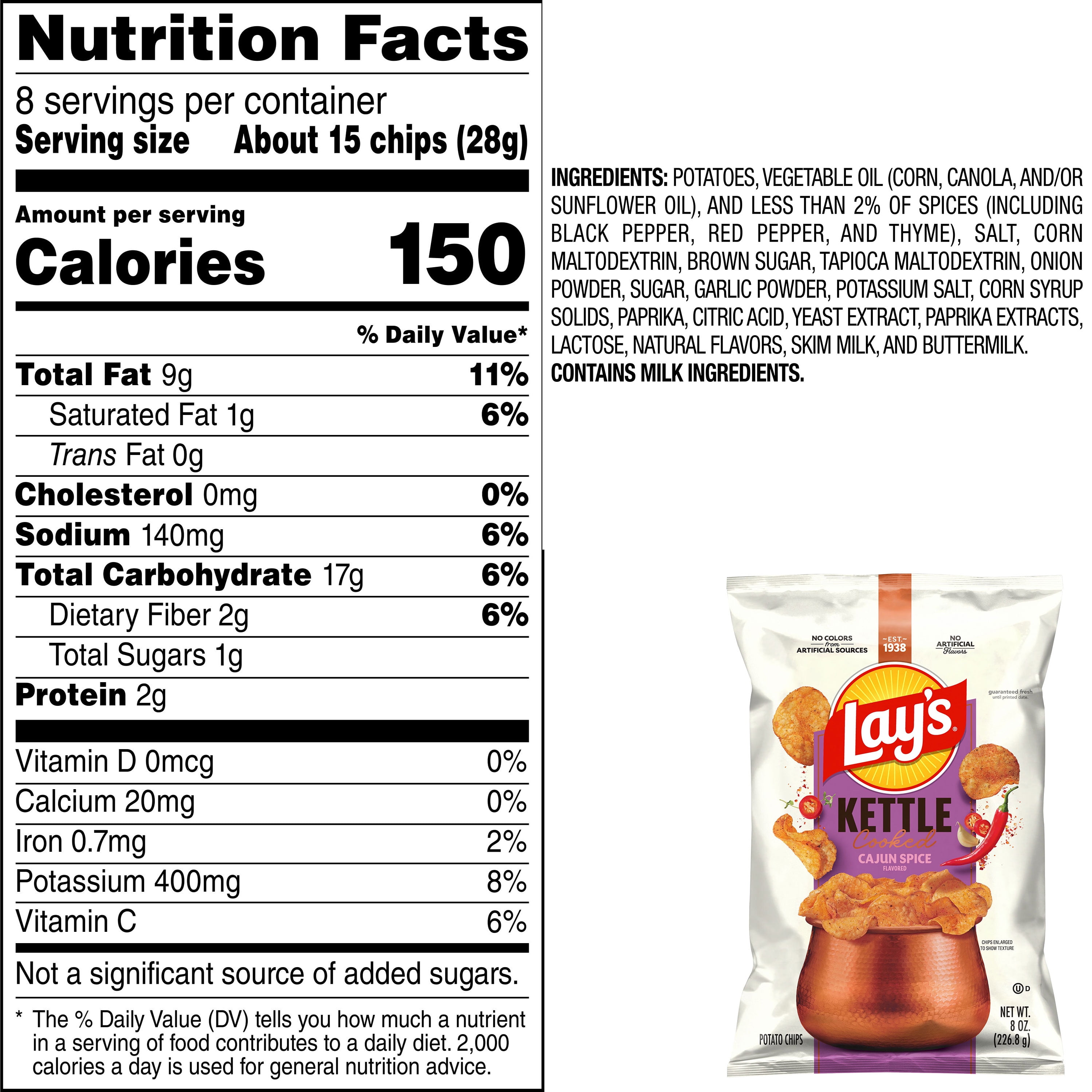 (3 pack) Lay’s Cajun Spice Kettle Cooked Potato Chips Bag, 8 oz