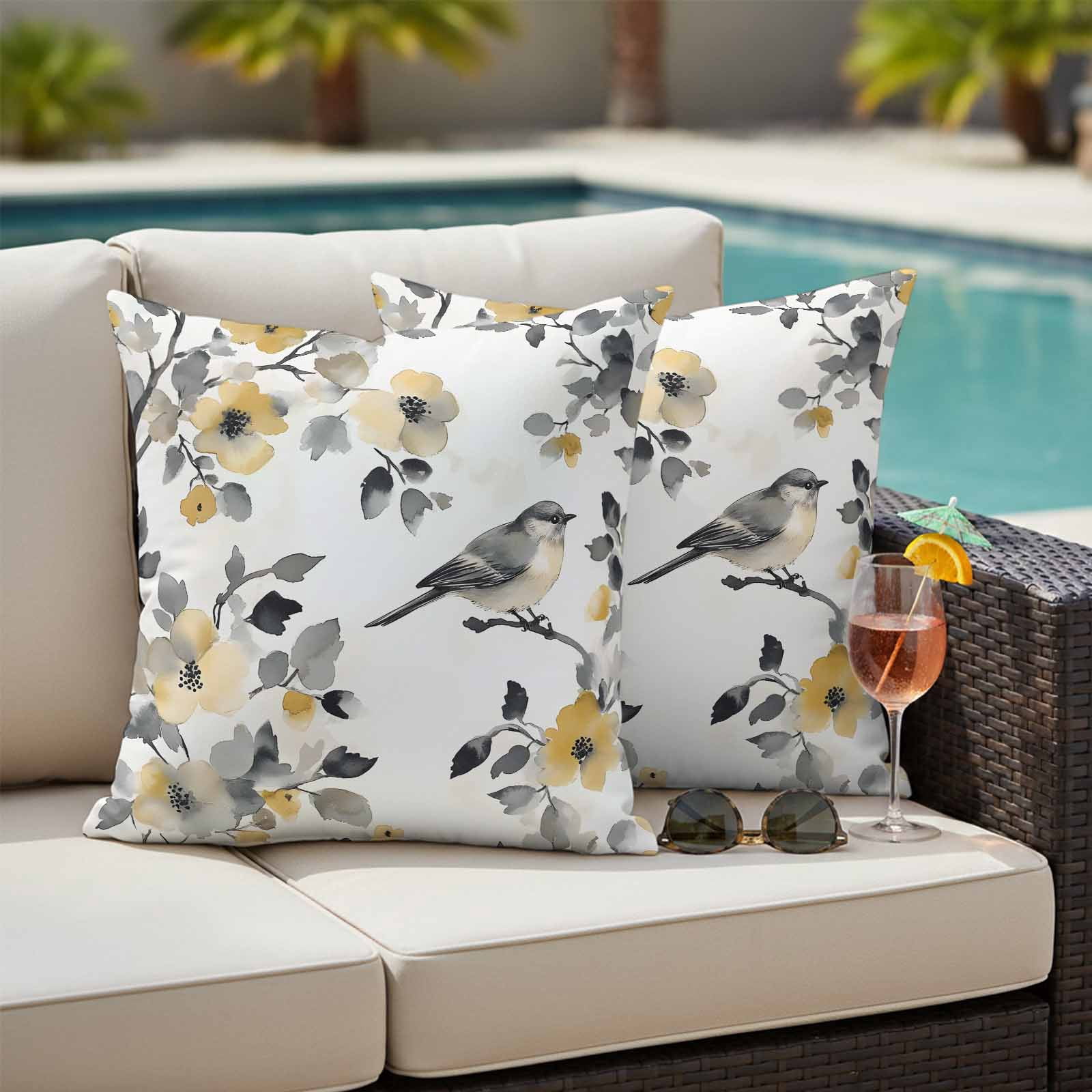 Pastoral Flower Pillow Covers 2 Pack Gray Leaf Yellow Flowers Bird Farmhouse Pillowcase Waterproof Outdoor Throw Pillow Cover for Patio Garden Square Cushion 18”x18”