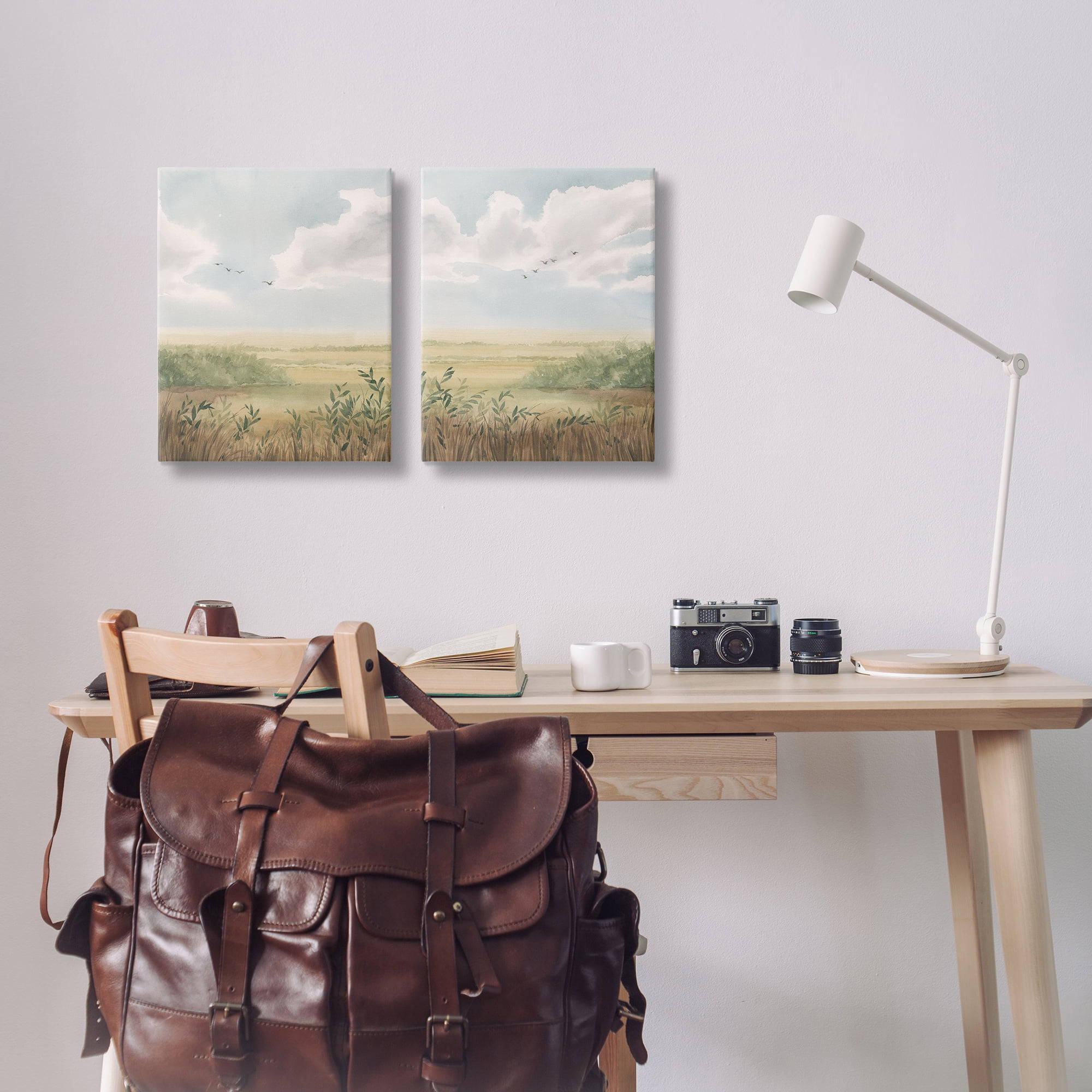 Stupell Industries Birds over Country Pastures Landscape & Nature Painting Wrapped Canvas Art Print Wall Art, 16 x 20, Set of 2