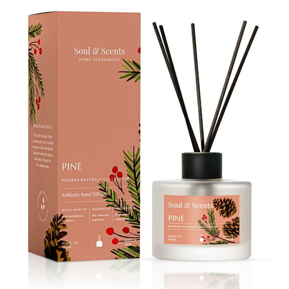 Soul & Scents Reed Diffuser Set – Pine | 4.1 oz Refillable Scented Oil with 6 Fiber Sticks | Long-Lasting Home Fragrance & Air Freshener for Bedroom, Bathroom, Office | Gift & Décor Piece