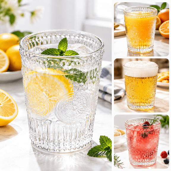 Liujiale 300ml Vintage Water Glasses, Romantic Drinking Glasses, Glassware Set for Juice, Beverages, Beer, CocktailAmber