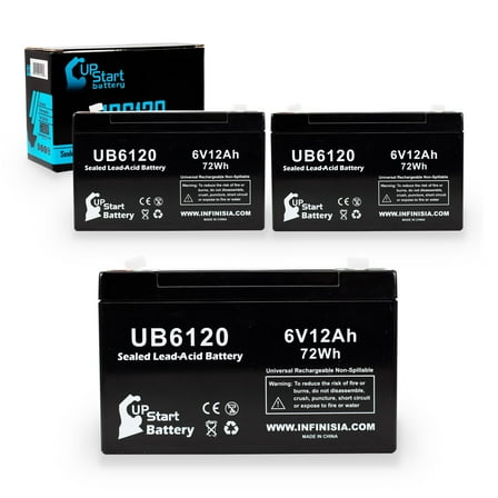 3x Pack - Compatible Unisys UP909 Battery - Replacement UB6120 Universal Sealed Lead Acid Battery (6V 12Ah, 12000mAh, F1 Terminal, AGM, SLA) - Includes 6 F1 to F2 Terminal Adapters